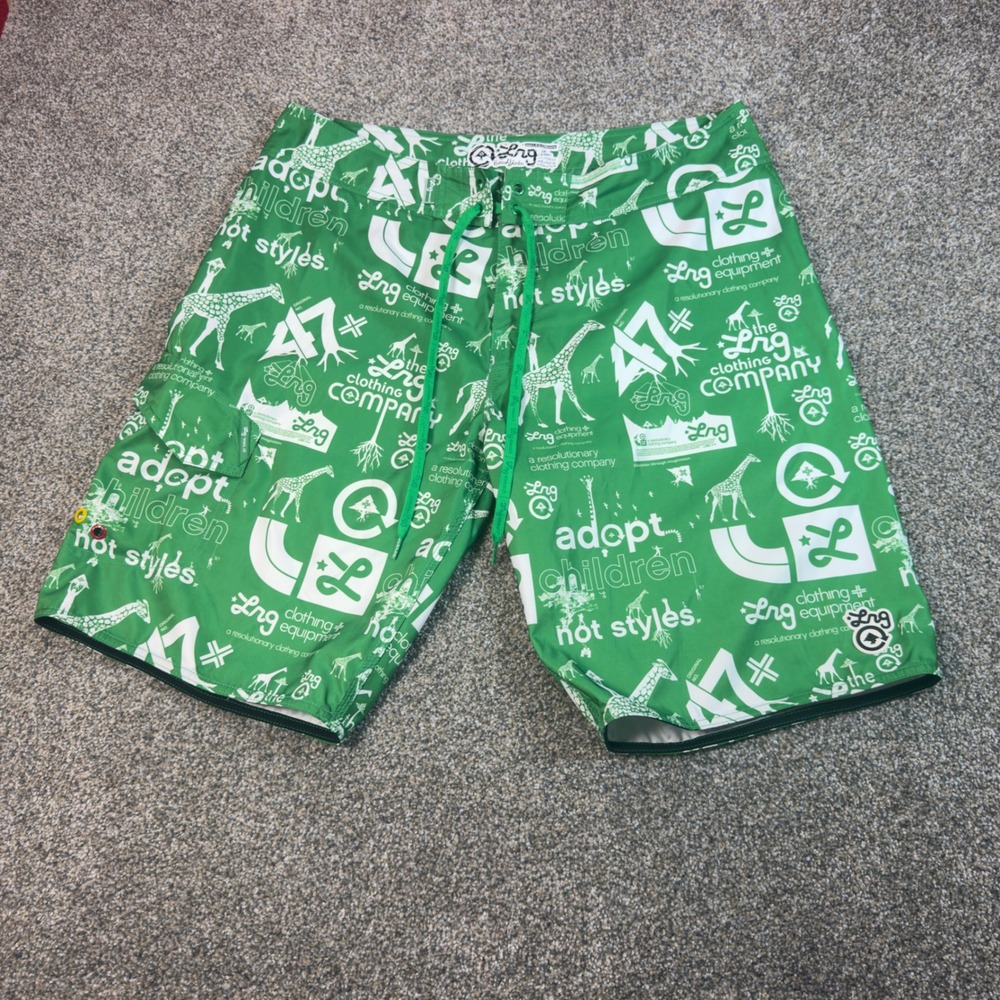 LRG Lifted Research Group Mens Green Board Shorts 38 Surf Swim Streetwear Y2K